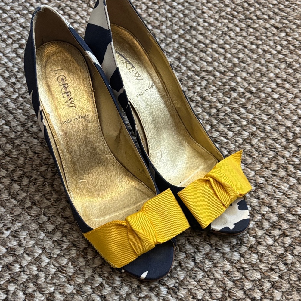 J. Crew Navy Floral Peep-Toe Heels with Yellow Bow Accent